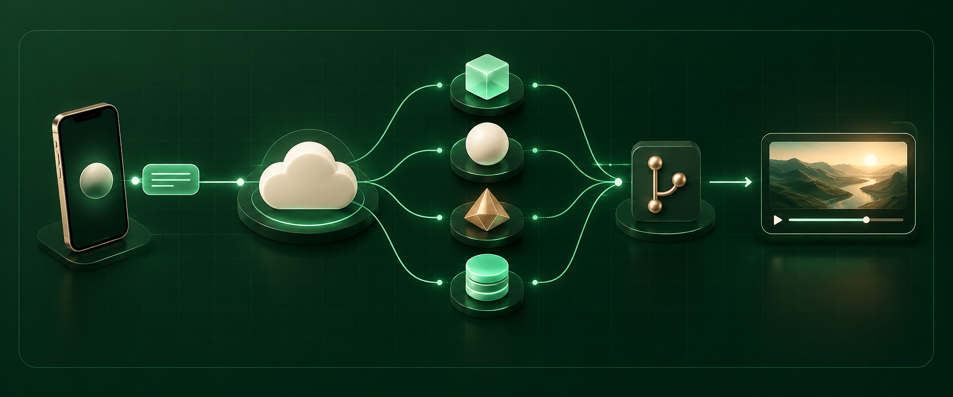 Phone request routes through a cloud hub to one AI agent, then to Git and a finished media preview.
