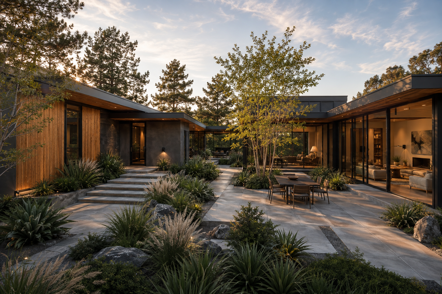 Eichler-inspired cedar and glass courtyard house, photorealistic design inspiration