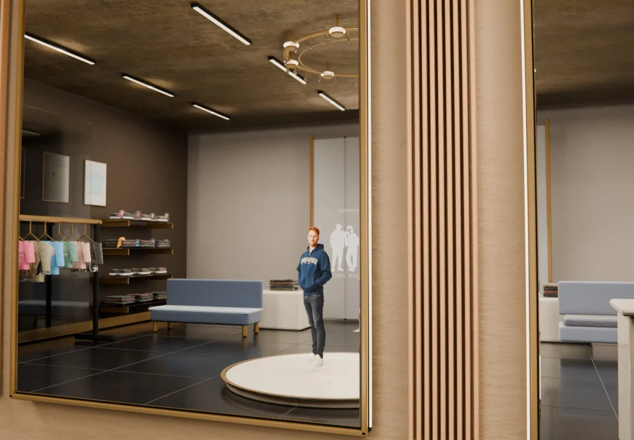 The showroom seen in the centre mirror, frosted doors with the etched mark behind