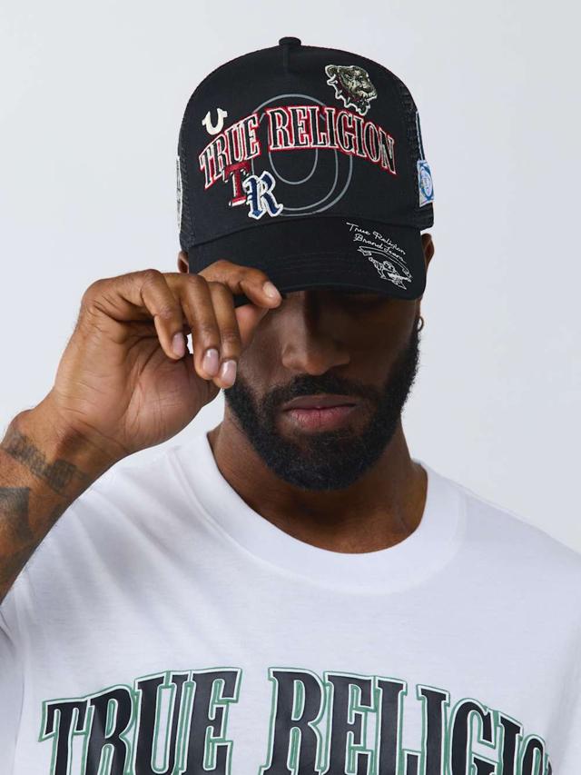 multi-logo trucker hat