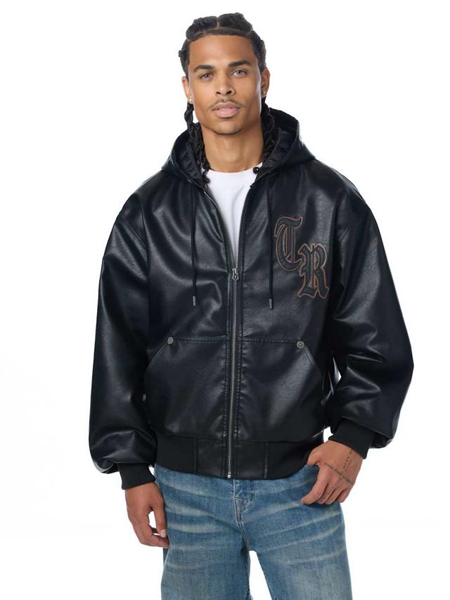 faux leather hooded bomber jacket